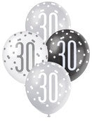 Balloons 30cm 6pk - Black Silver White Assorted 30
