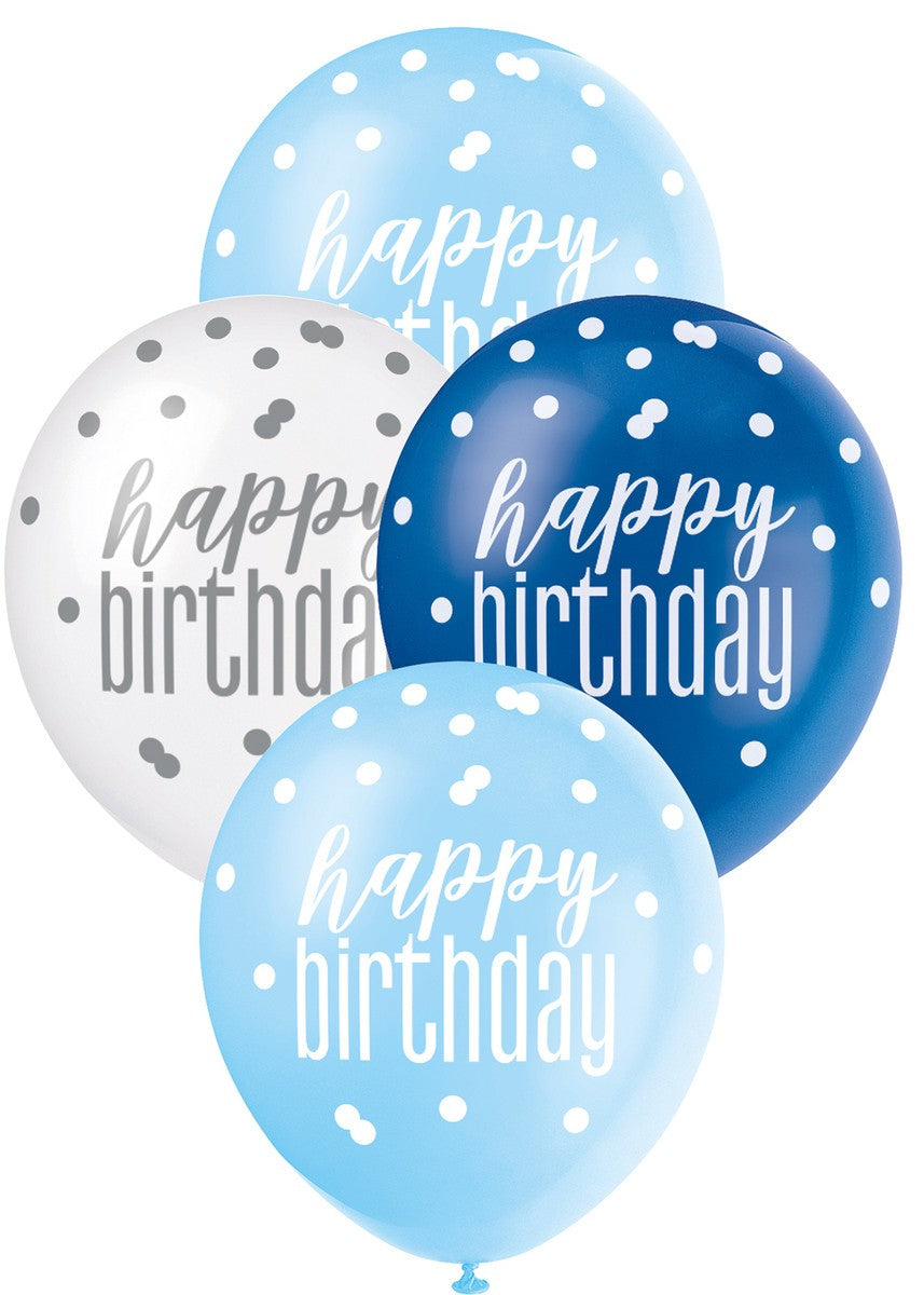 6pk 30cm Balloons - BLUE WHITE Assorted Happy Birthday