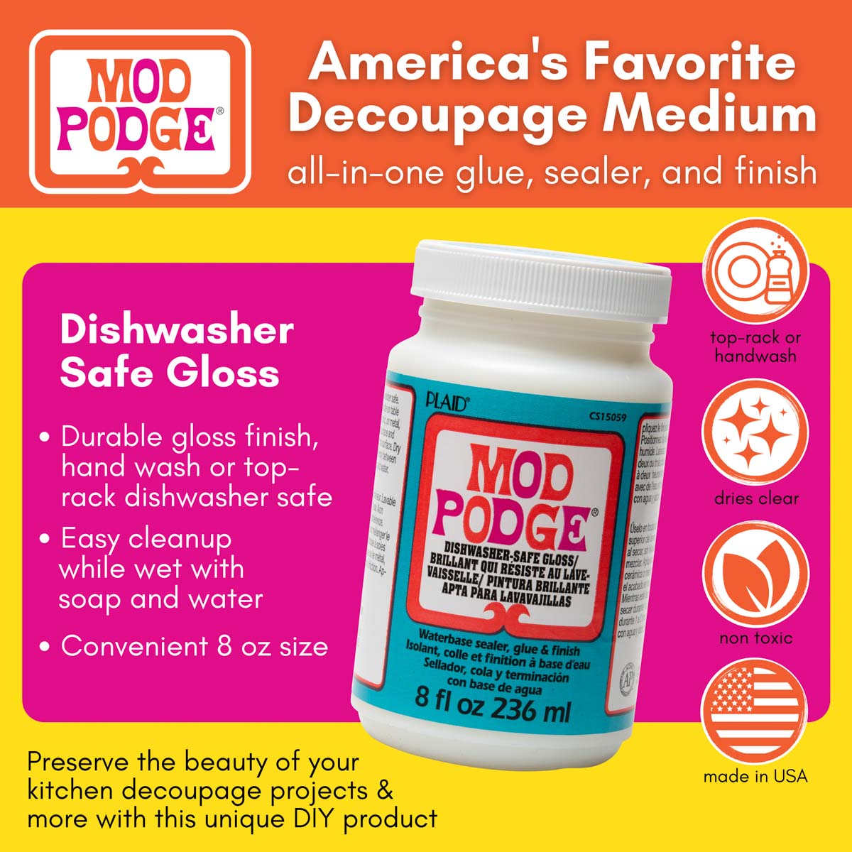 Mod Podge Dishwasher Safe Gloss 8oz/236ml Cs15059