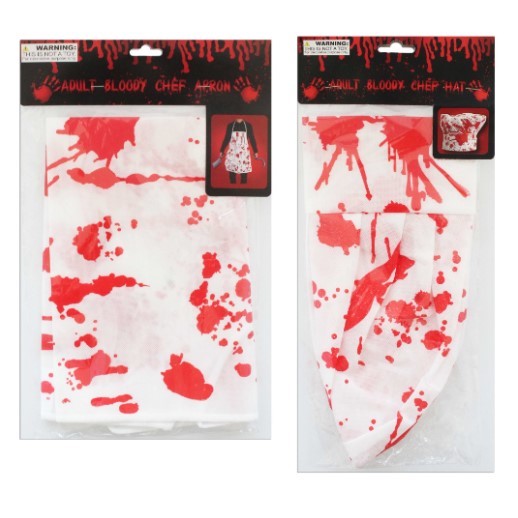Halloween Costume Bloody Set - 2 Assorted Non-woven Chef Hat 29x24cmh+ Butcher Apron 68.58x58.42cm