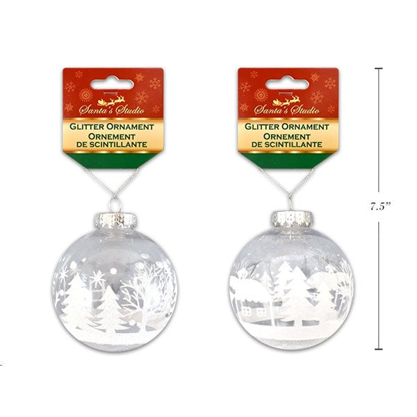 Christmas Ball 90mm Hand Painted Clear Ornament W/ White Glitter Snow Scene (2 Assorted)