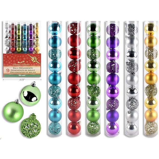 Christmas Baubles 9pk 60mm Glitter/matte/shiny Ornament In Tube 6colours