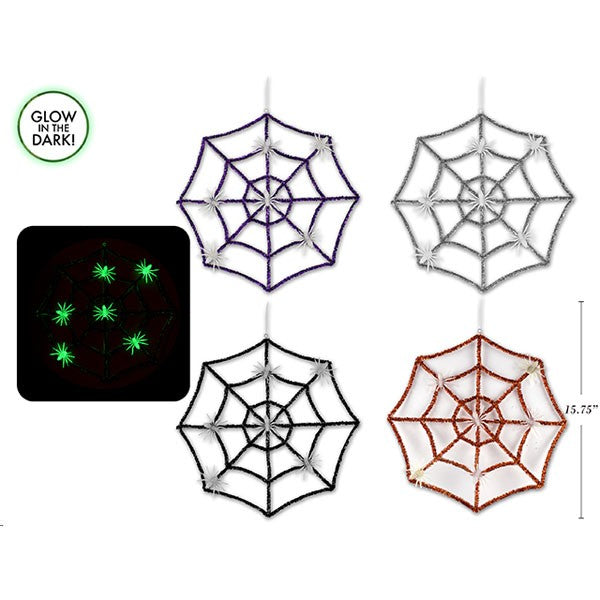 Halloween Tinsel Spider Web W/6 Glow In The Dark Spiders 40cm 2 Assorted