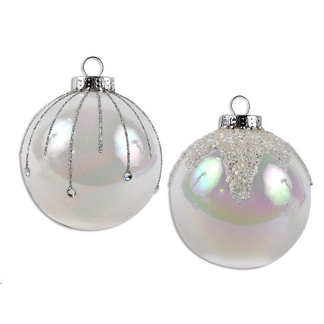 Christmas Glitter Ball Ornament White Pearlized 10cm 2 Assorted