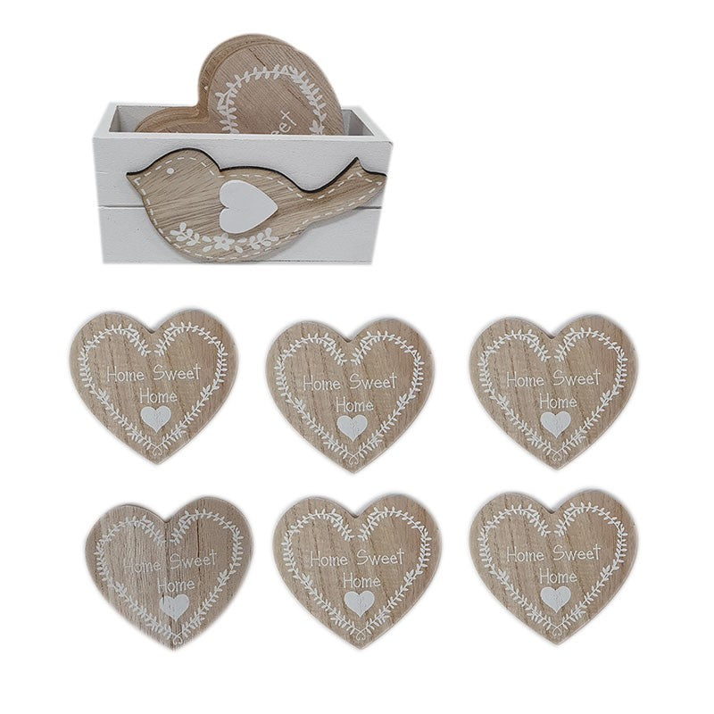 Wooden Coaster Set 6pce Love Heart Bird