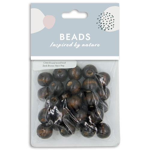 Beads 12mm Round Wood Dark Brown