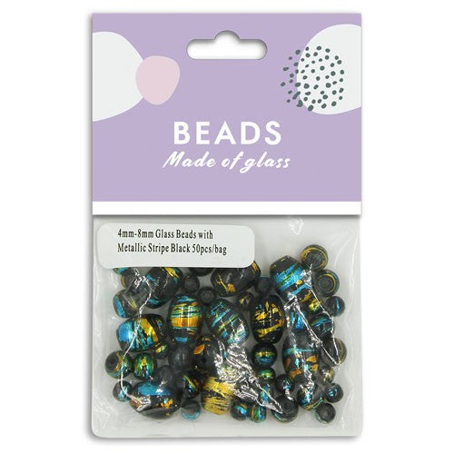 Glass Beads 4mm-8mm Metallic Stripe Black 50pcs