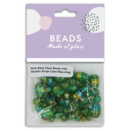 Glass Beads 4mm-8mm Metallic Stripe Lime 50pcs