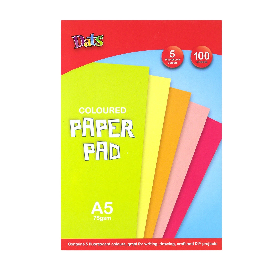 Pad Paper Colour 5 Fluro Cols A5 100s 75gsm