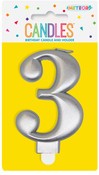 Metallic Silver B'day Candle- Number 3
