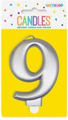 Metallic Silver B'day Candle- Number 9