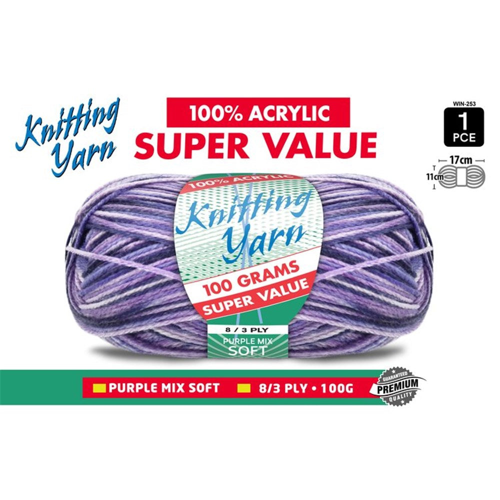 Knitting Yarn 8ply 100g Purple Mix