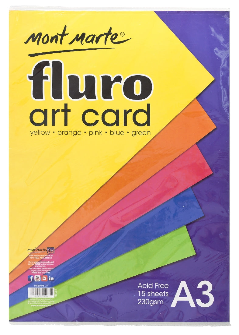 M.M. Fluro Art Card Pack 5 Cols 230gsm 15pce A3
