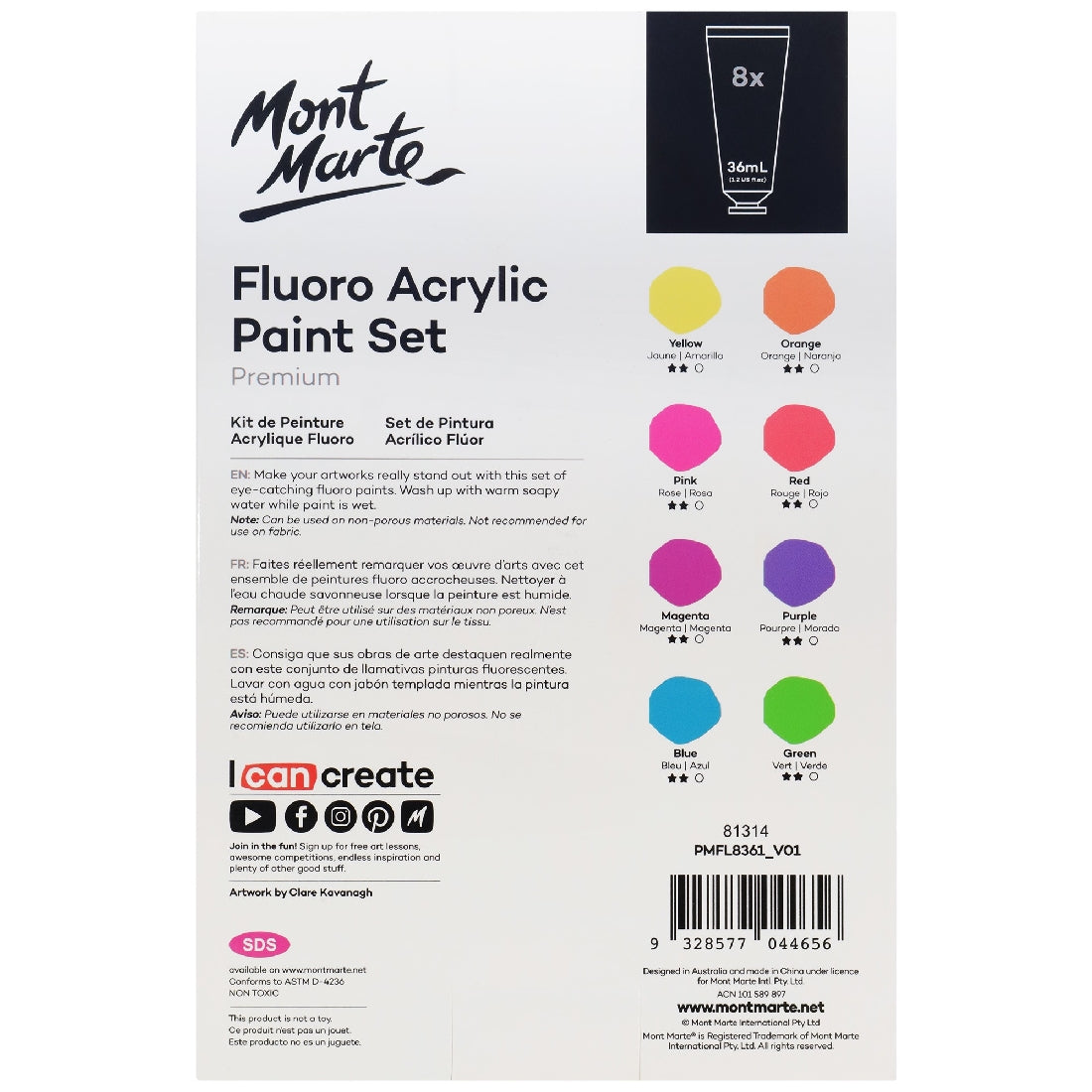 M.M. Fluoro Acrylic Paint Set 8pc X 36ml