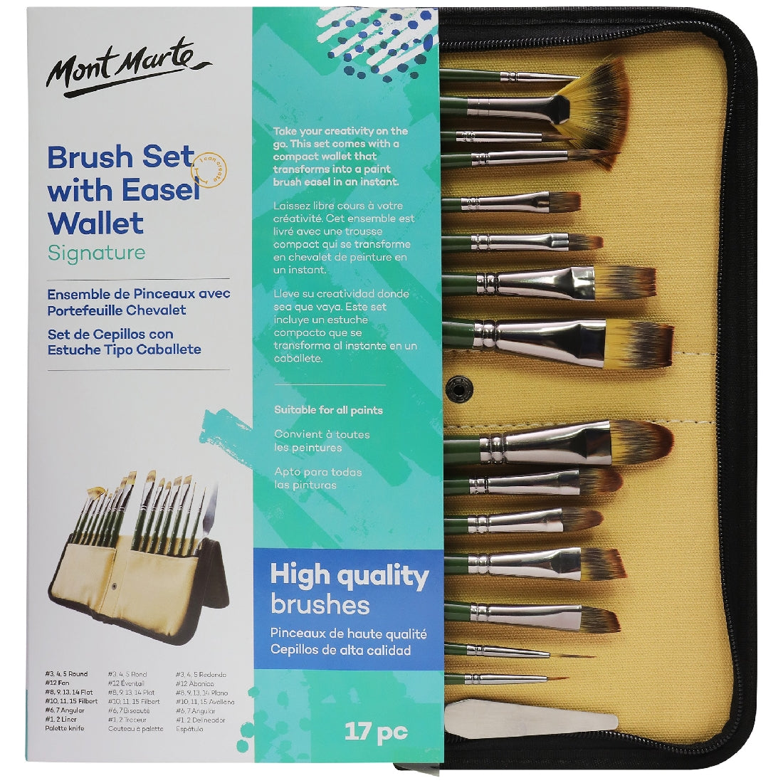 M.M. Artist Brush Set W/ Easel Wallet 17pc
