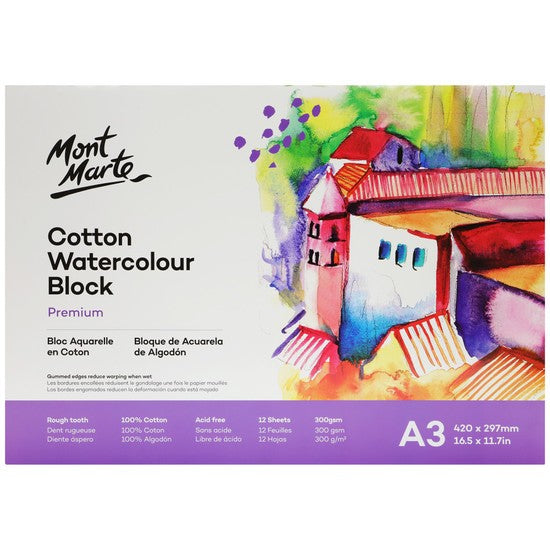 M.M. Cotton Watercolour Paper Block 300gsm A3 12 Sht