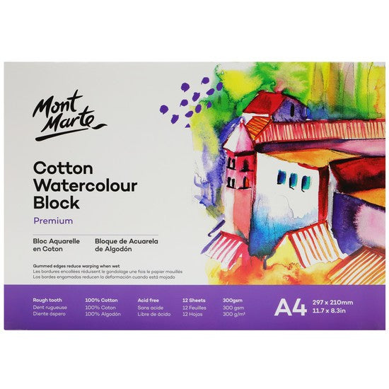 M.M. Cotton Watercolour Paper Block 300gsm A4 12 Sht