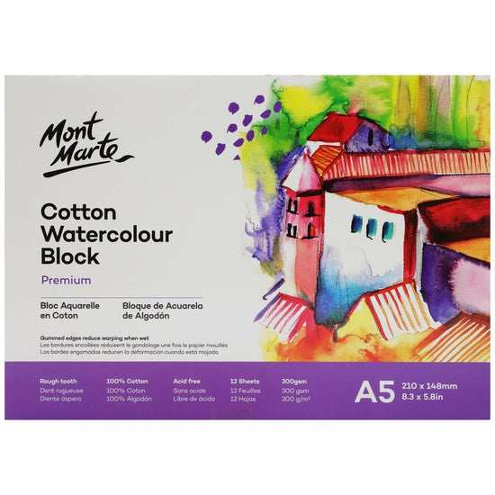 M.M. Cotton Watercolour Paper Block 300gsm A5 12 Sht