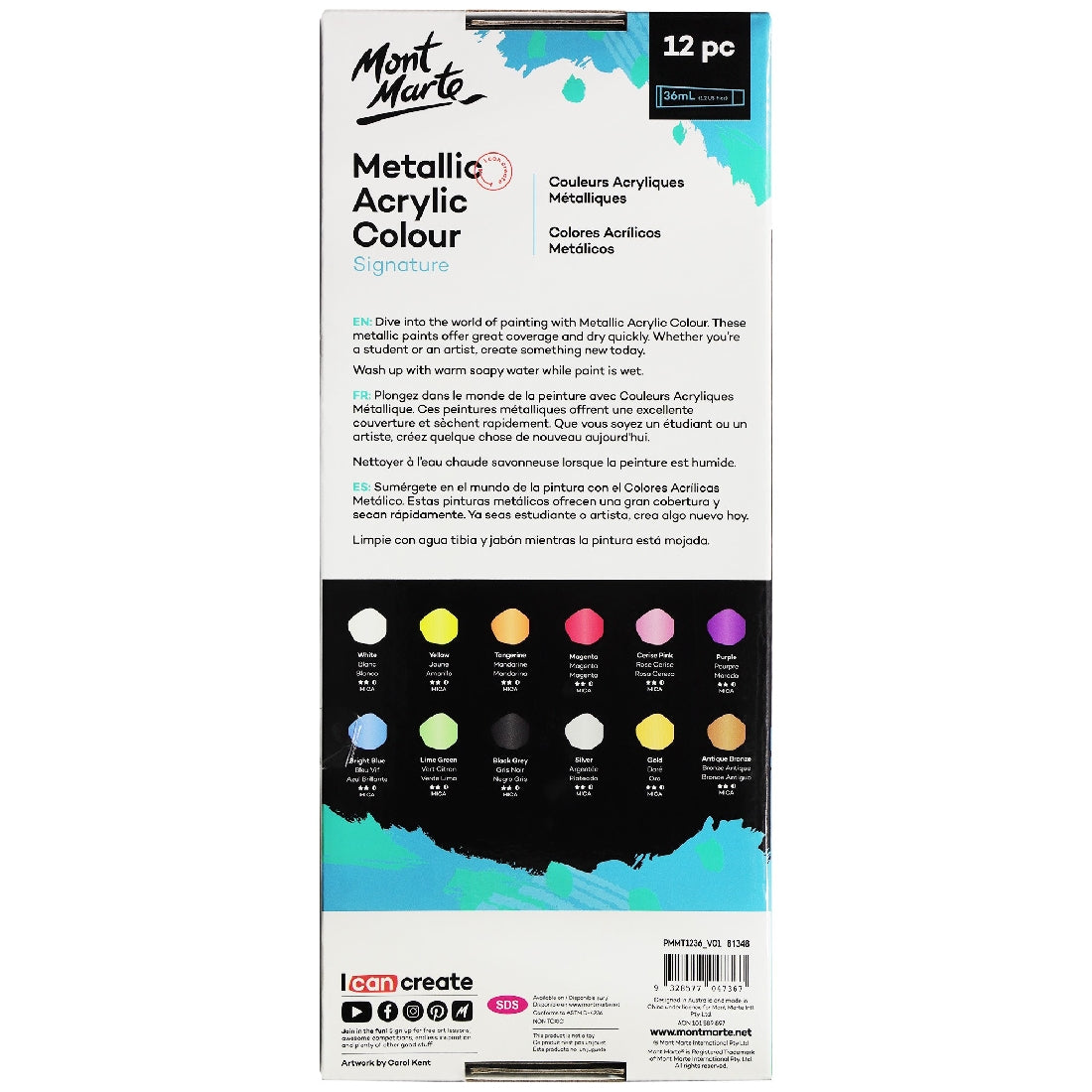 M.M. Metallic Acrylic Colour Paint Set 12pc X 36ml