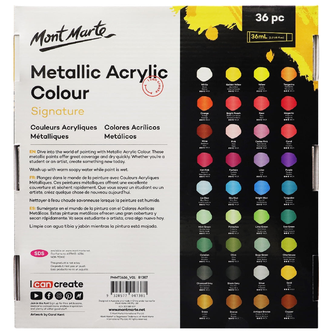 M.M. Metallic Acrylic Colour Paint Set 36pc X 36ml