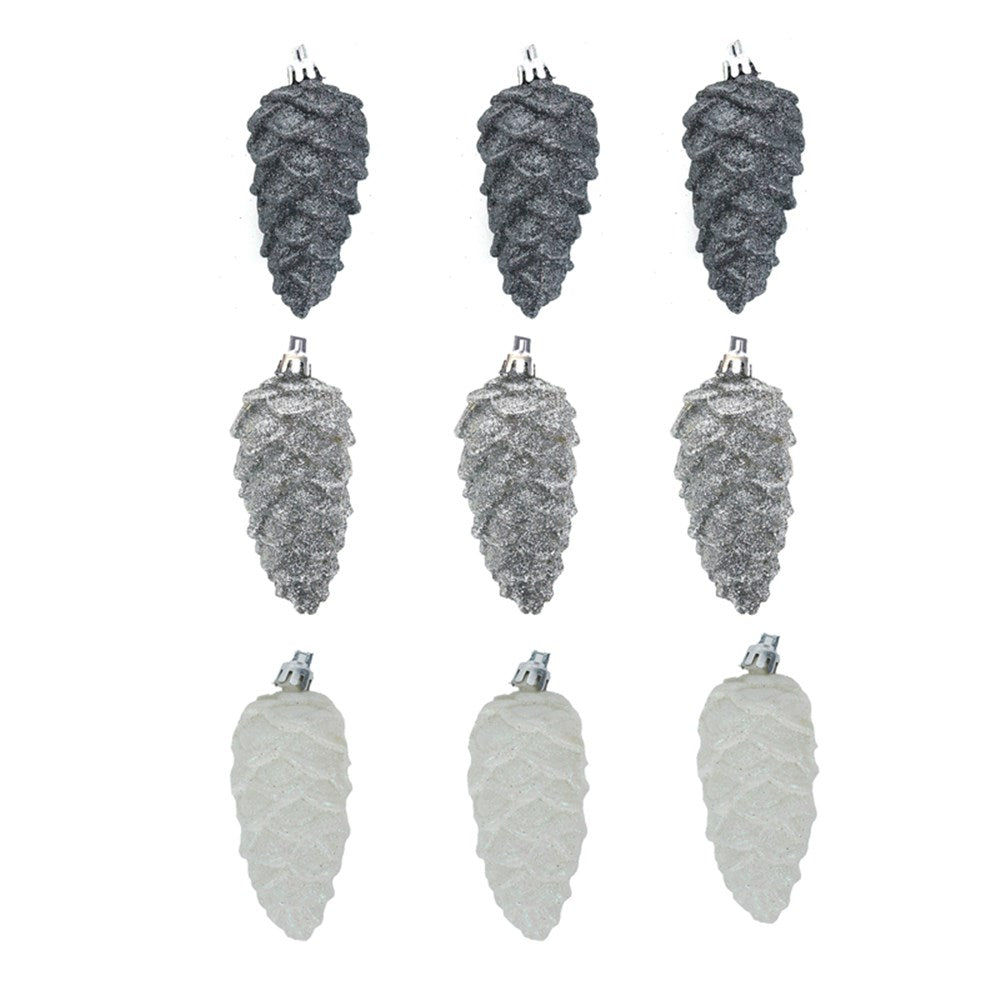 3A 3Pk 4x9cm Glitter Pinecones White, Silver, Gunmetal