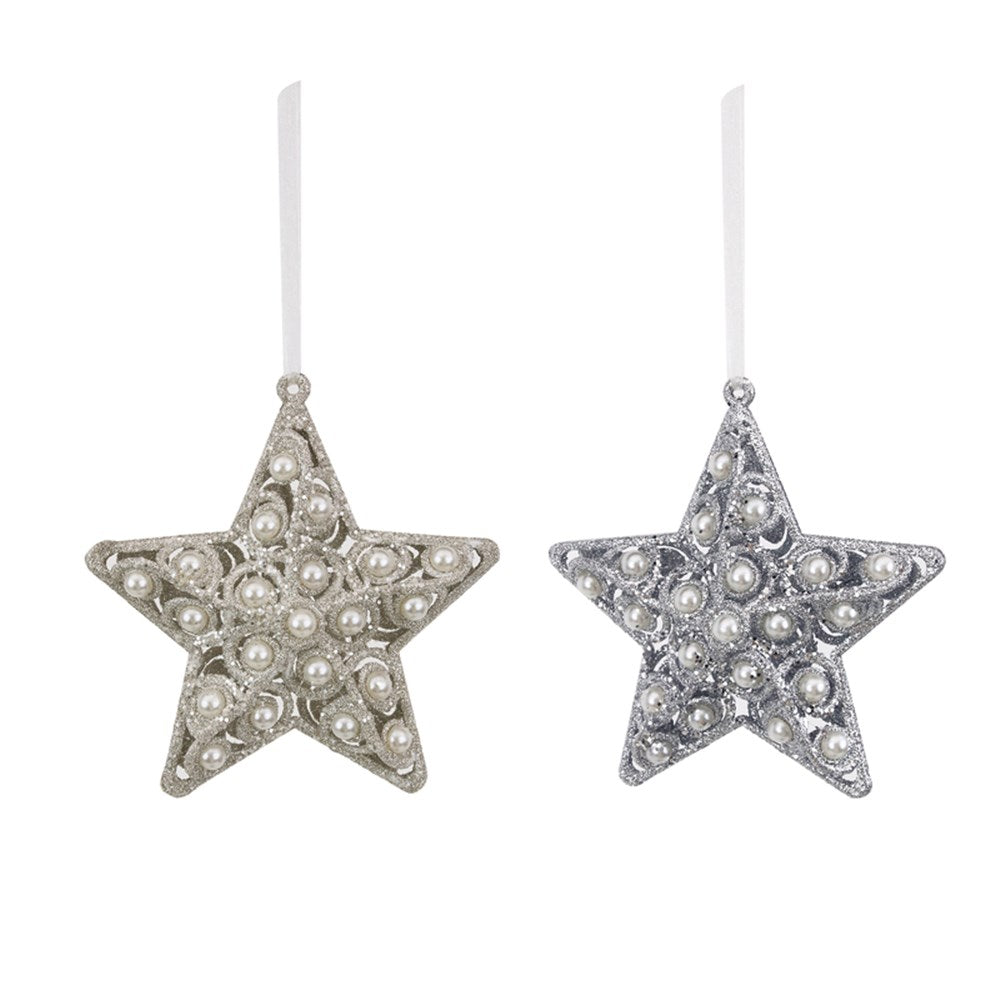 2A Silver & White Glitter Star W/Pearl Tree Ornament11cm