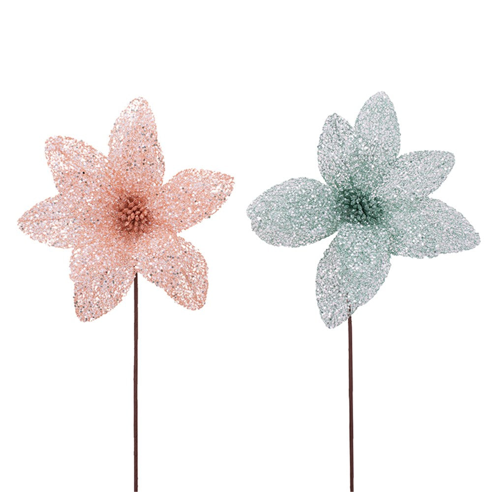 2A 32cm Coral & Mint Glitter Poinsettia W/50cm Stem