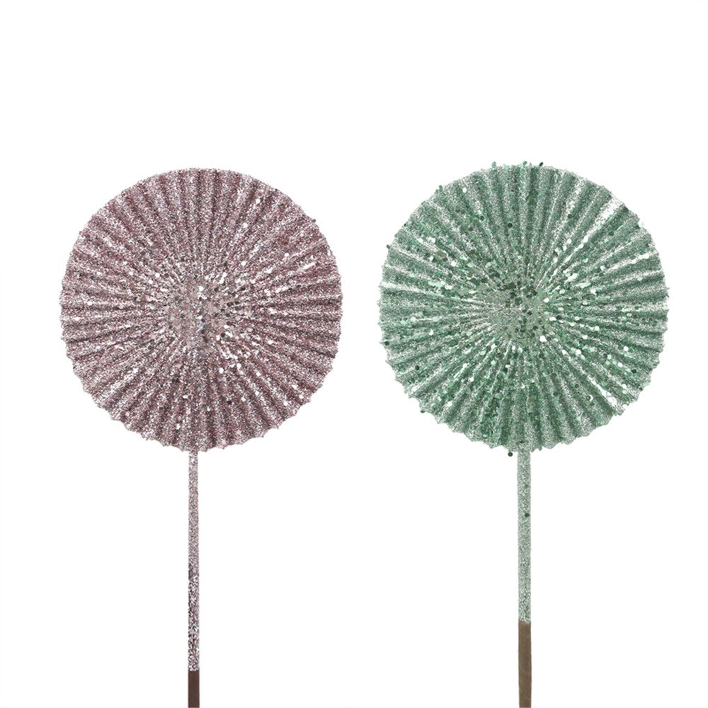 2A 16cm Dusty Pink & Sage Glitter Fan W/51cm Stem