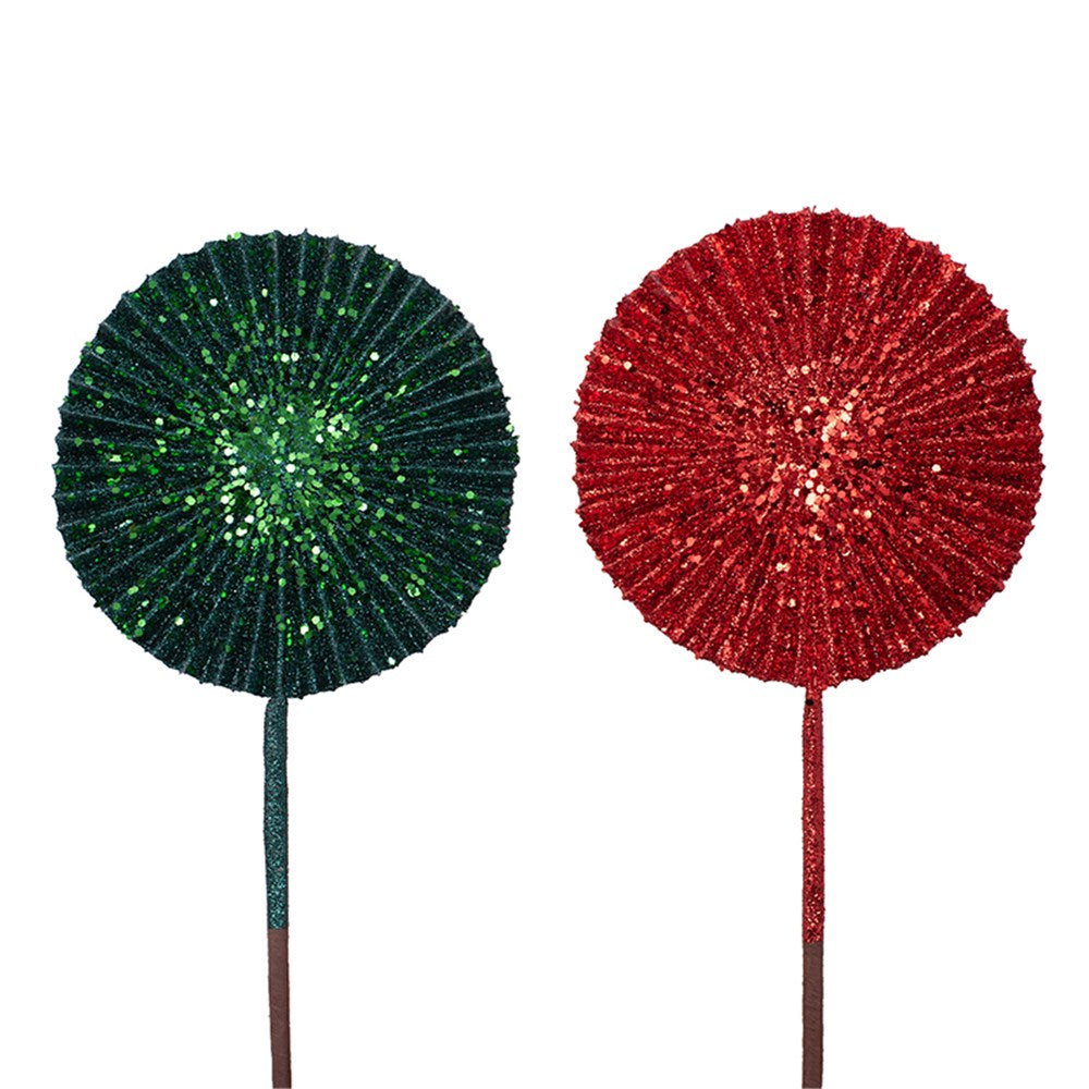 2A 16cm Emerald Green & Red Glitter Fan Stem W/51cm Stem