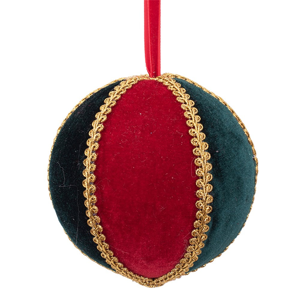 13cm Harlequin Ball Emerald Green & Red Velvet W/Gold Trim