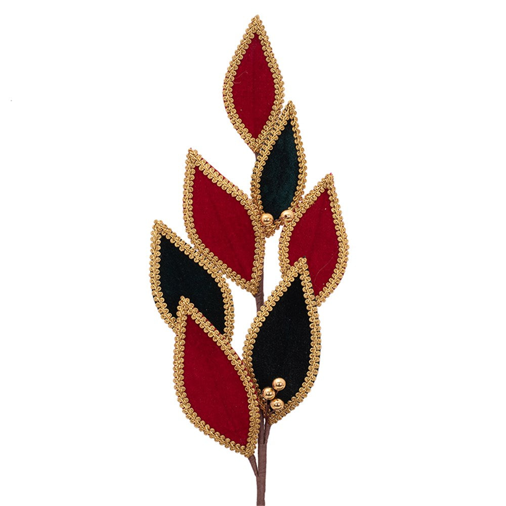 68cm Harlequin Leaf Stem Emerald Green & Red Velvet