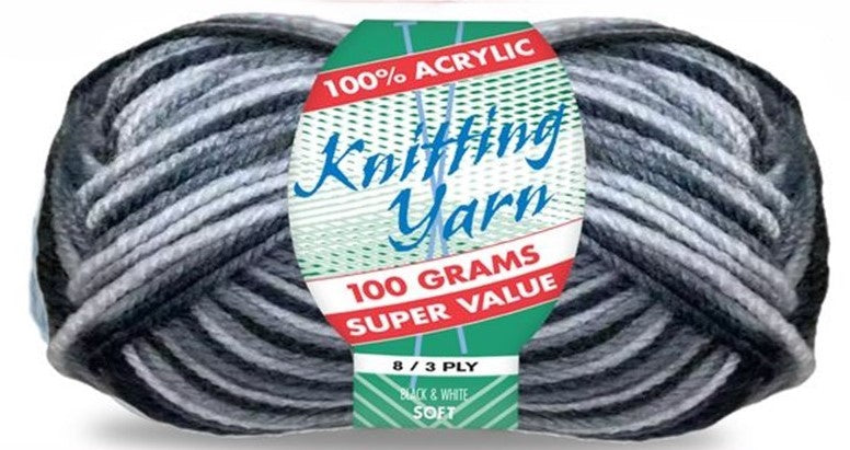 Knitting Yarn 8ply 100g Black & White
