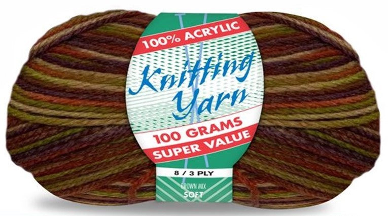 KNITTING YARN 8ply 100g BROWN MIX