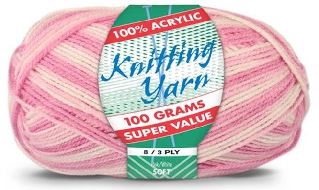 KNITTING YARN 8ply 100g PINK WHITE
