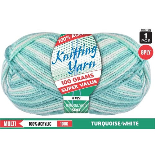 Knitting Yarn Multi 8ply 100g Turquoise White
