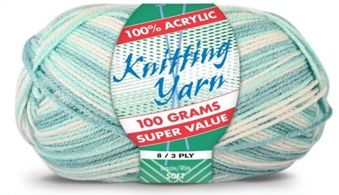 Knitting Yarn Multi 8ply 100g Turquoise White