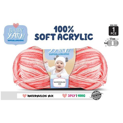 Hypoallergenic Baby Yarn 3ply 100g Watermelon Mix