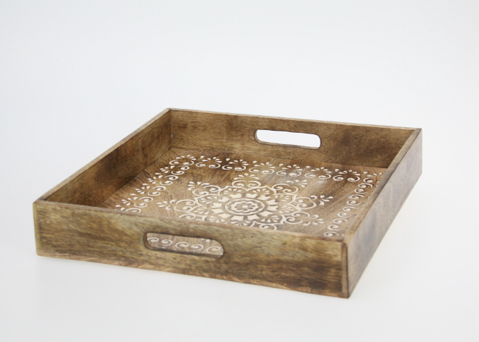 31cm Square Tray With Carved Mandala Inlay