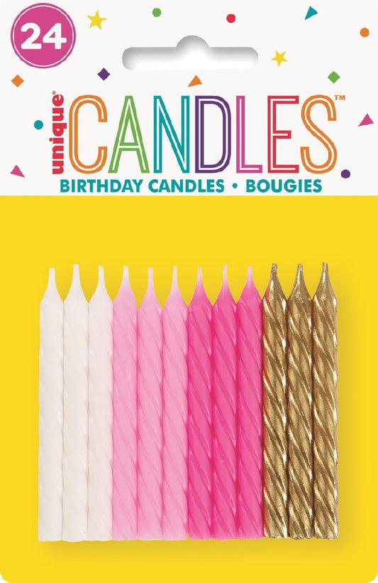 24 SPIRAL CANDLES - PINK/WHITE/GOLD
