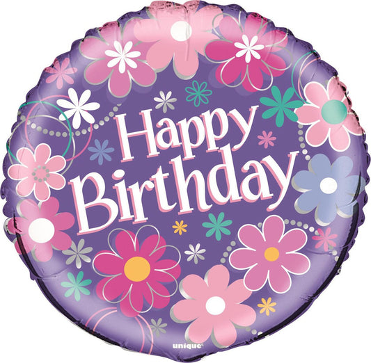 FOIL BALLOON 45cm ROUND B'DAY BLOSSOM