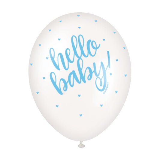 'Hello Baby' Blue text 5 Pack 30cm Pearl White