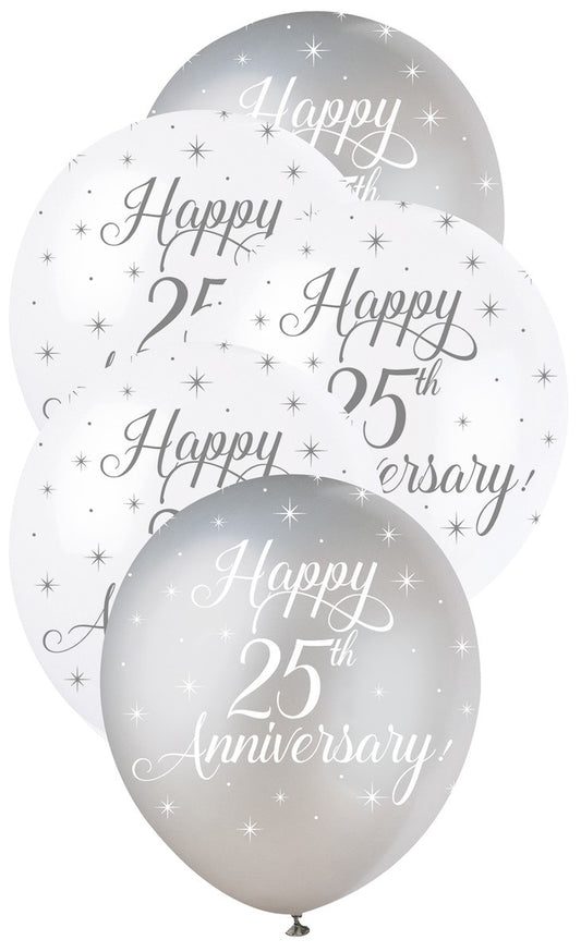 Happy 25th Wedding Anniversary 5 Pack 30cm Silver & White