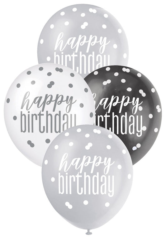 6pk 30cm Balloons - BLACK SILVER WHITE Assorted Happy Birthday