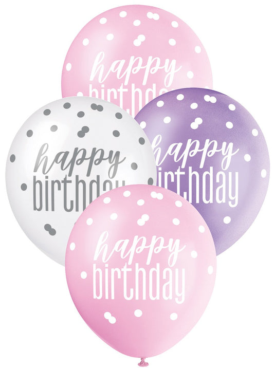 6pk 30cm Balloons - PINK PURPLE WHITE Assorted Happy Birthday