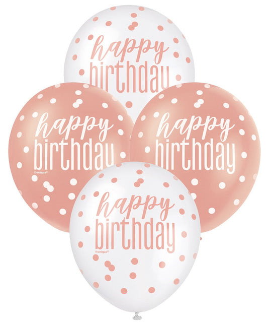 6pk 30cm Balloons - ROSE GOLD WHITE Assorted Happy Birthday