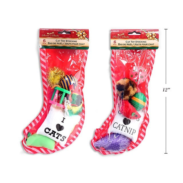 Christmas Cat Toy Stocking 6pc 2assorted