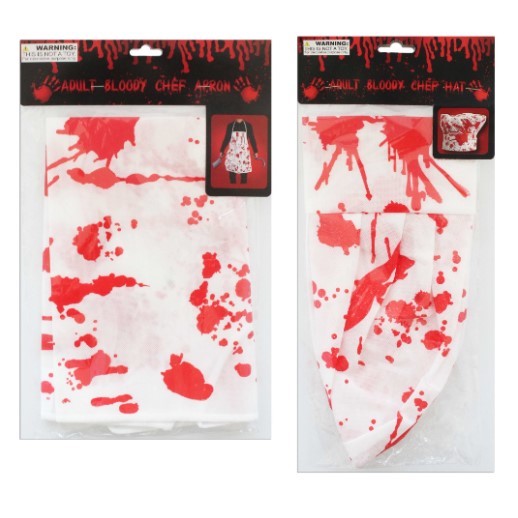 Halloween Costume Bloody Set - 2 Assorted Non-Woven Chef Hat 29 x 24cm H + Butcher Apron 68.58 x 58.42cm