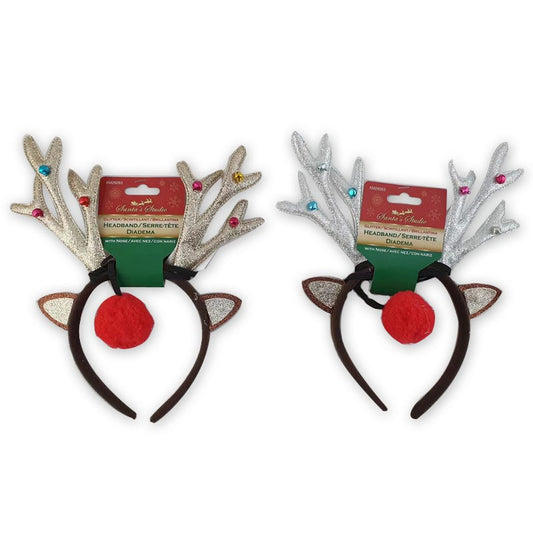 Christmas Headband Glitter Reindeer W/Nose 2Assorted