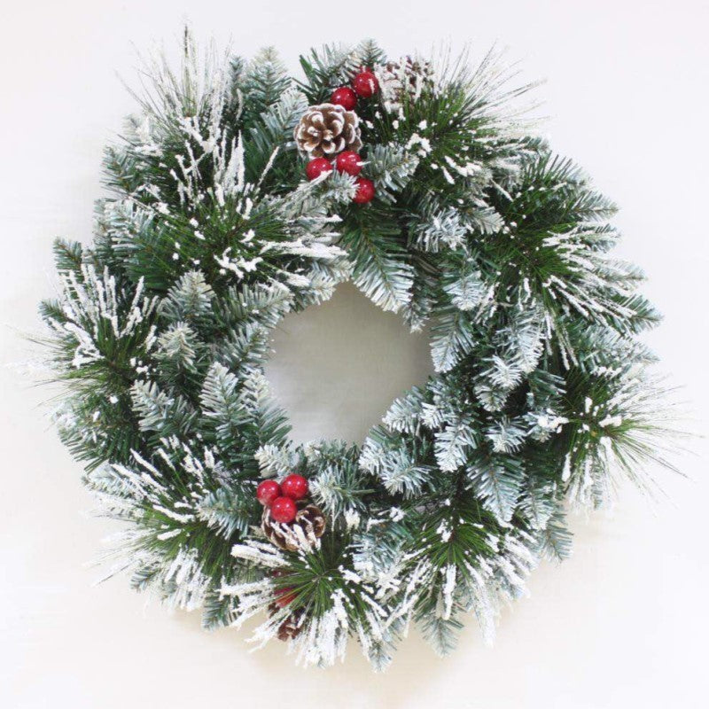 Christmas Wreath 50cm Snowy Mixed Leaves Pinecones & Berries