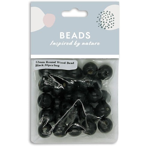 BEADS 12MM ROUND WOOD BLACK